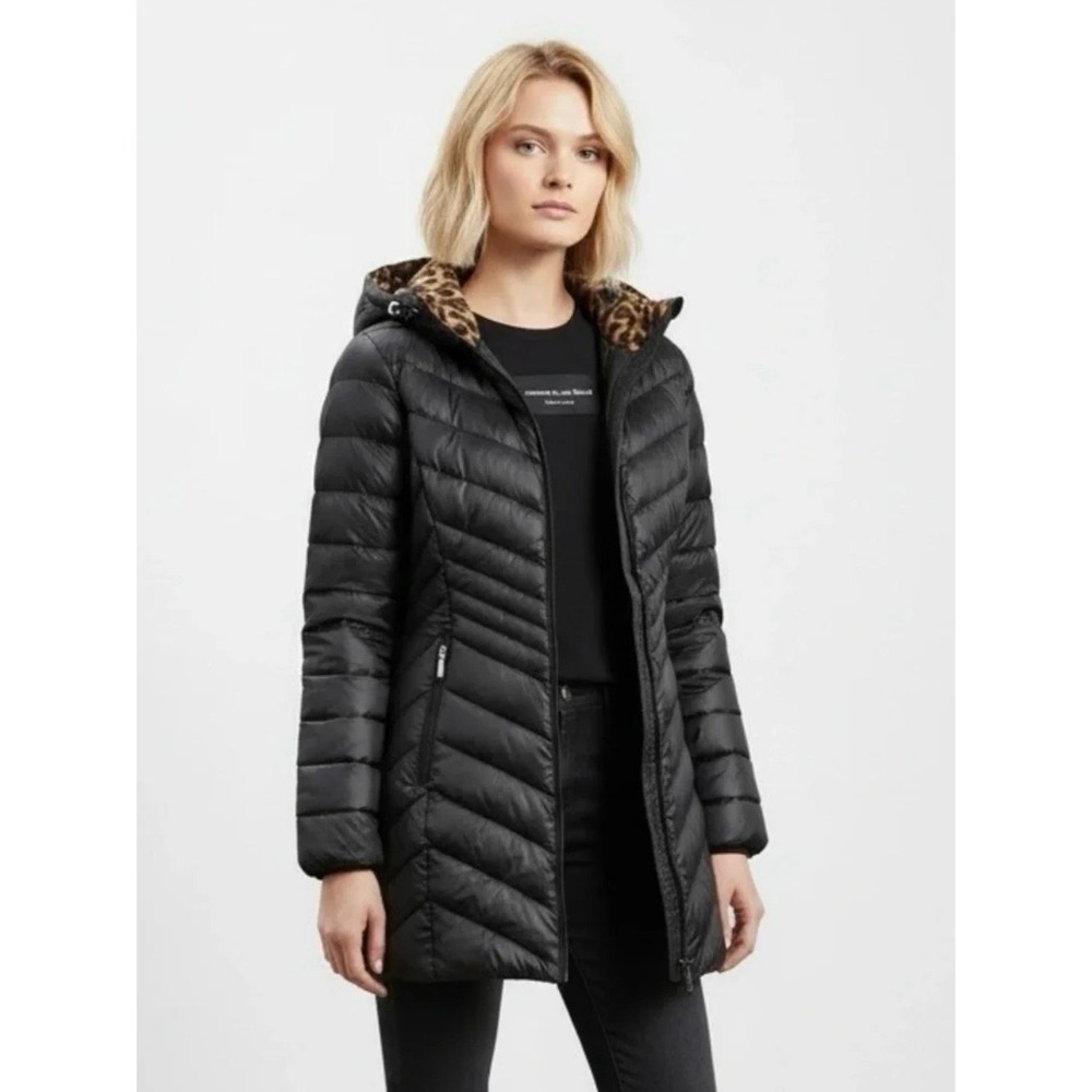 Laundry by Shelli Segal Black Down Puffer Coat Leopard Print Hood Medium